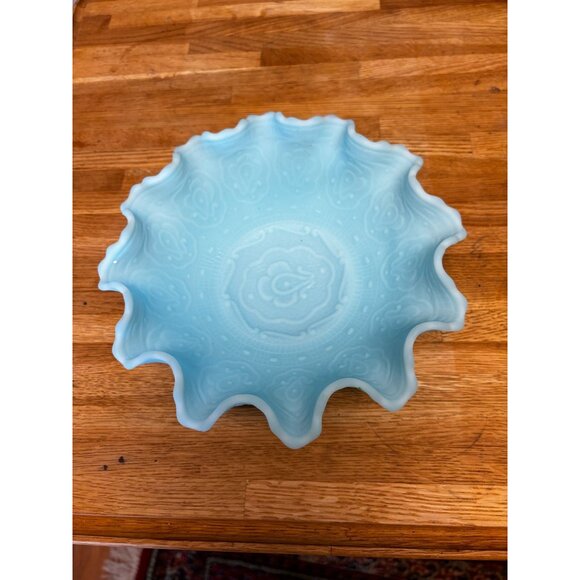 VTG Fenton Bowl blue Glass Ruffled Edge Candy Jewelry Fruit Compote 7 5/8" - Picture 3 of 8